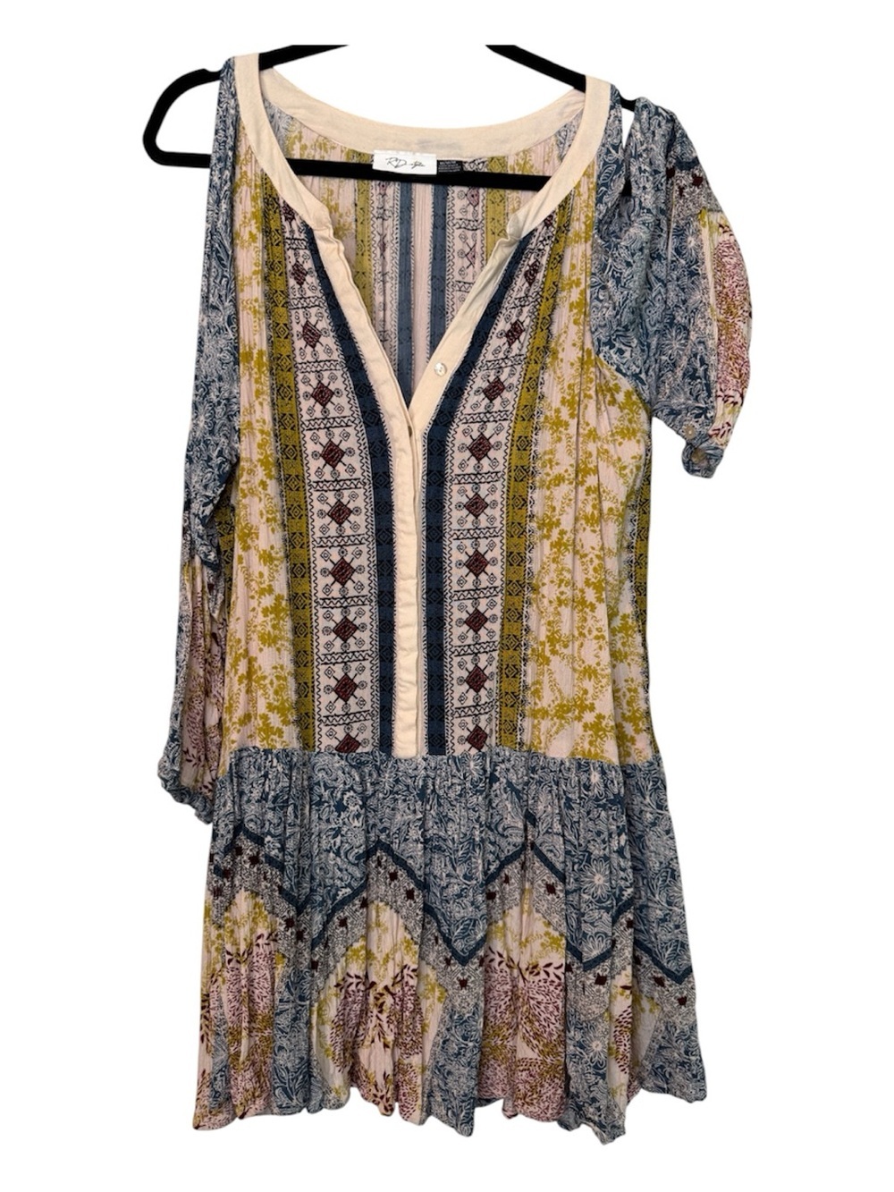 RD Style Multi-Color Cold Shoulder Boho Print Tunic Dress